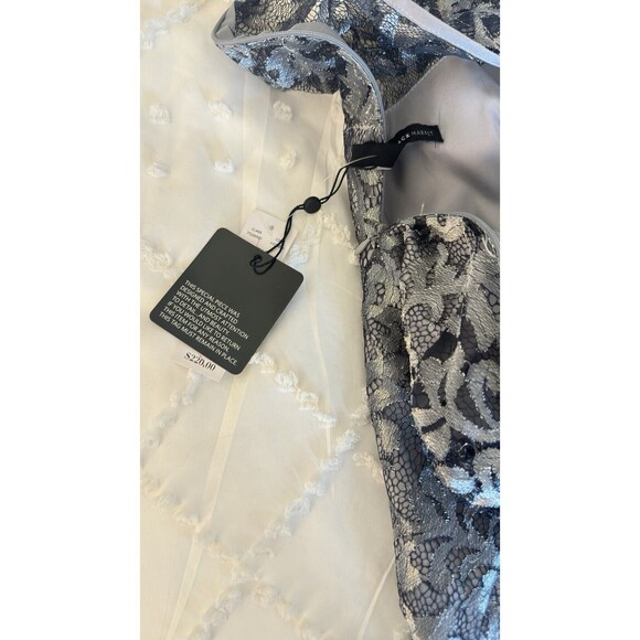 WHBM Silver Metallic Lace Bell Sleeve Mini BodyCon Party Coctail Dress Sz 12 NEW - Picture 8 of 10